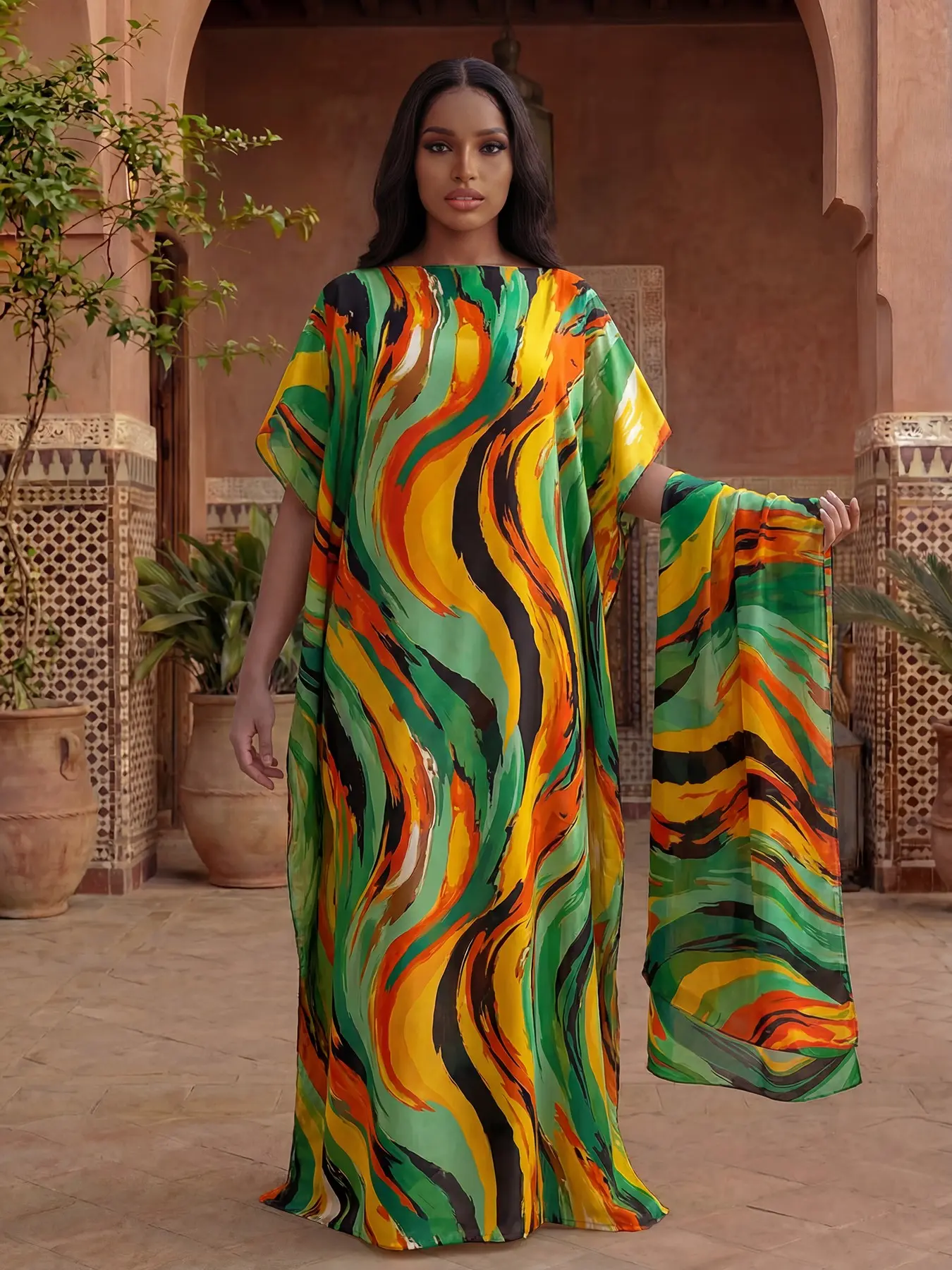 Women's Sexy Casual Tie-Dye Printed Robe Set Lightweight, Multicolor Shawl Dress + Long Headscarf Hairband, Beach Sun Protection Satin Fabric Scarf Matching Summer