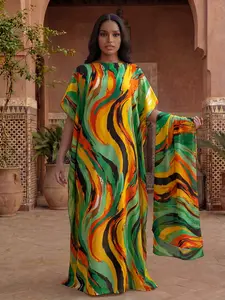 Women's Sexy Tie-Dye Printed Robe Set Lightweight, Multicolor Shawl Dress + Long Headscarf Hairband, Beach Sun Protection Satin Fabric Scarf Matching Summer