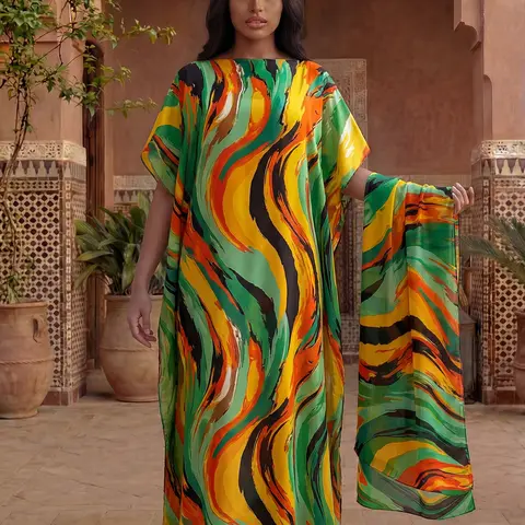 Women's Sexy Casual Tie-Dye Printed Robe Set Lightweight, Multicolor Shawl Dress + Long Headscarf Hairband, Beach Sun Protection Satin Fabric Scarf Matching Summer, Fashion Printed Pattern