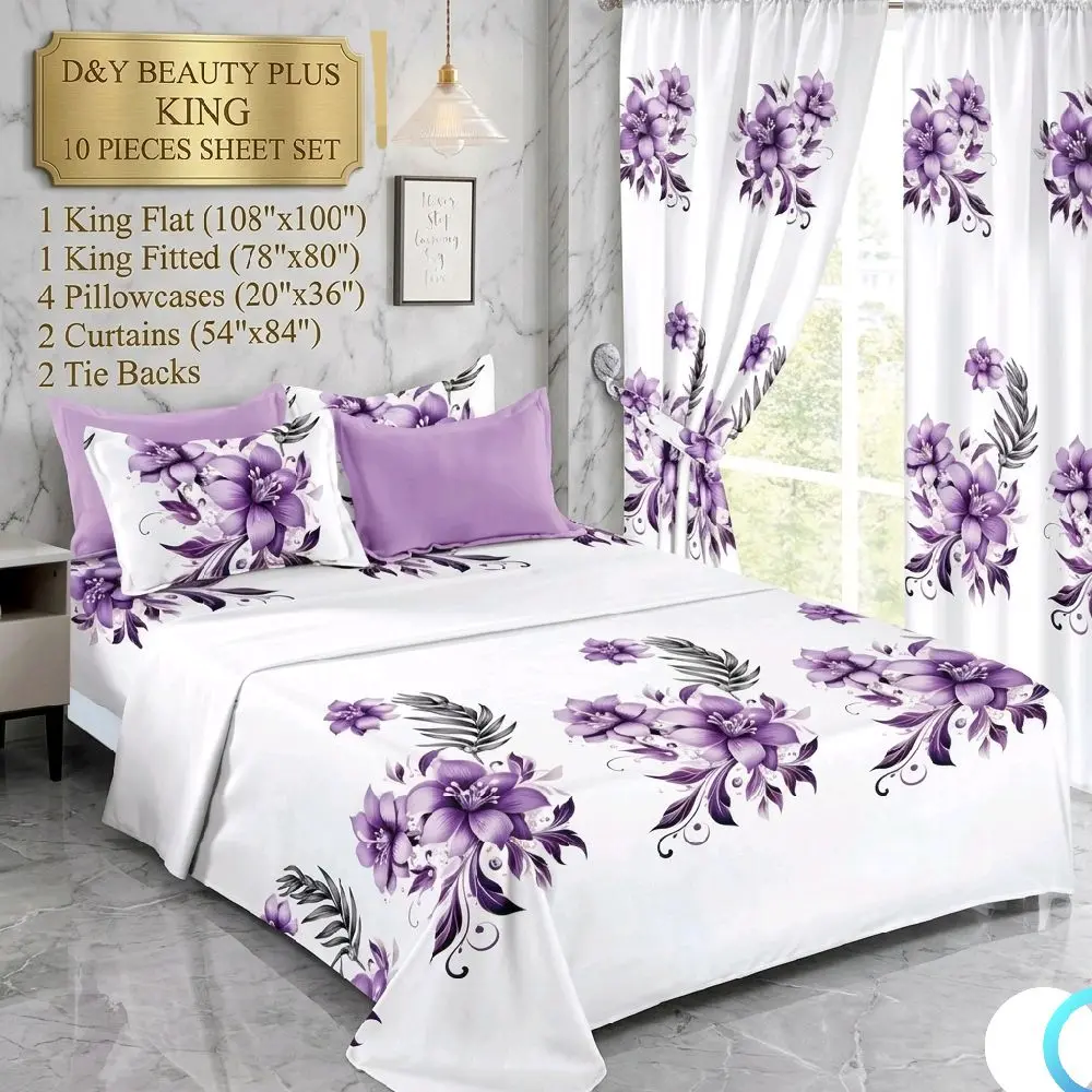 10 Pieces Sheet Sets with Purple Floral Design for Bedroom Decor