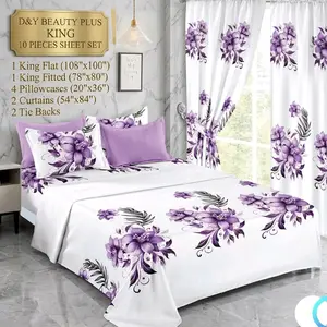 10 Pieces Sheet Sets with Purple Floral Design for Bedroom Decor