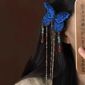 Elegant Chinese Style Embroidered Butterfly Hair Clip with Blue Tassel for Cosplay Hanfu Qipao