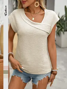 Women's Plain Solid Asymmetrical Neck Tee, Casual Elegant Chic Short Sleeves T-shirt for Summer, Ladies Clothes for Everyday Wear, Top