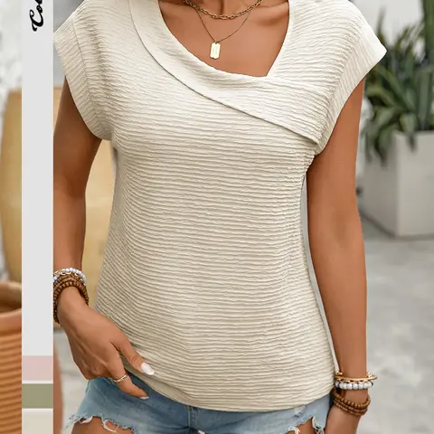 Women's Basic Plain Solid Asymmetrical Neck Tee, Casual Elegant Chic Short Sleeves T-shirt for Summer, Ladies Clothes for Everyday Wear, Womenswear Top, Chic Casual Fit, Summer Tees
