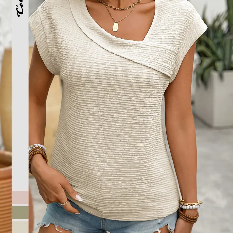 Women's Basic Plain Solid Asymmetrical Neck Tee, Casual Elegant Chic Short Sleeves T-shirt for Summer, Ladies Clothes for Everyday Wear, Womenswear Top, Chic Casual Fit, Summer Tees