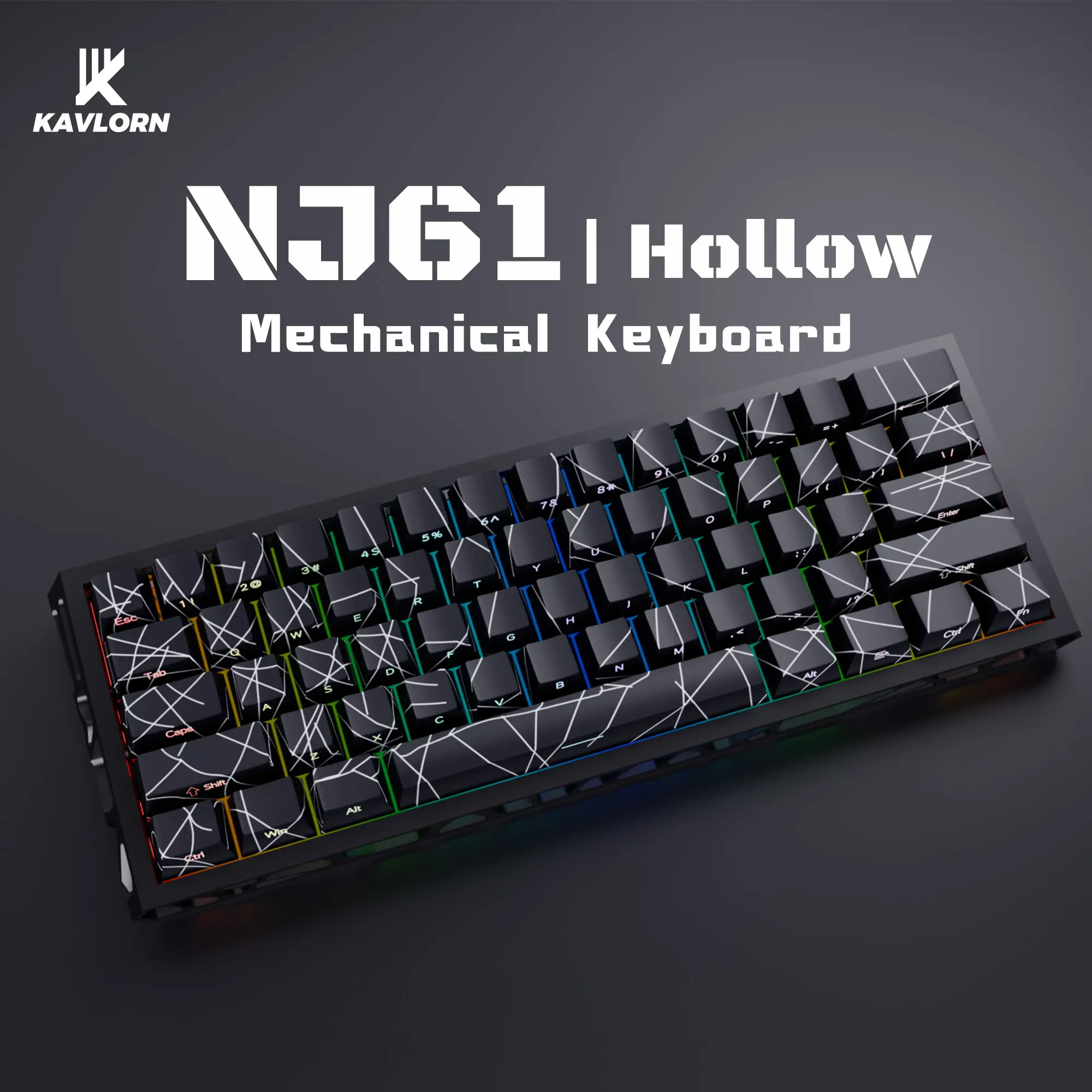 NJ61 60 Percent Mini Mechanical Keyboard - Hollow Frame, Topographic PBT Keycaps, RGB Lighting Illuminated, 1000Hz Polling Rate Red Linear Switches, Wired, Space-Saving, PC Compatible Mechanical Feeling Keyboard for Gaming & Desk Setup