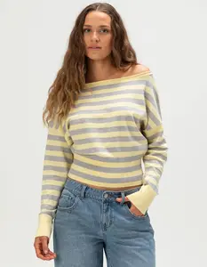 RSQ Womens Off The Shoulder Stripe High Rib Sweater