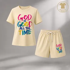 Women’s Christian Graphic 2 Piece Shorts Set, God Is Good All The Time Print Short Sleeve T Shirt and Drawstring Shorts Matching Outfit, Casual Summer Faith Activewear for Daily Wear, Travel and Weekend Comfort