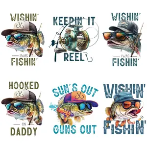 6pcs/set Funny Fishing Design DIY Iron On Patch, Heat Transfer Sticker For T-Shirt, Jeans