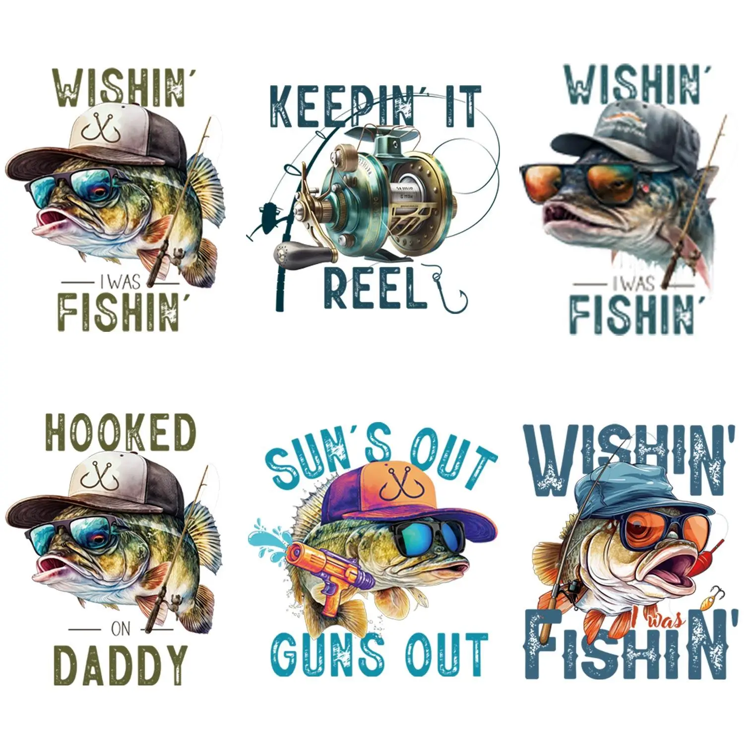 6pcs/set Funny Fishing Design DIY Iron On Patch, Heat Transfer Sticker For T-Shirt, Jeans