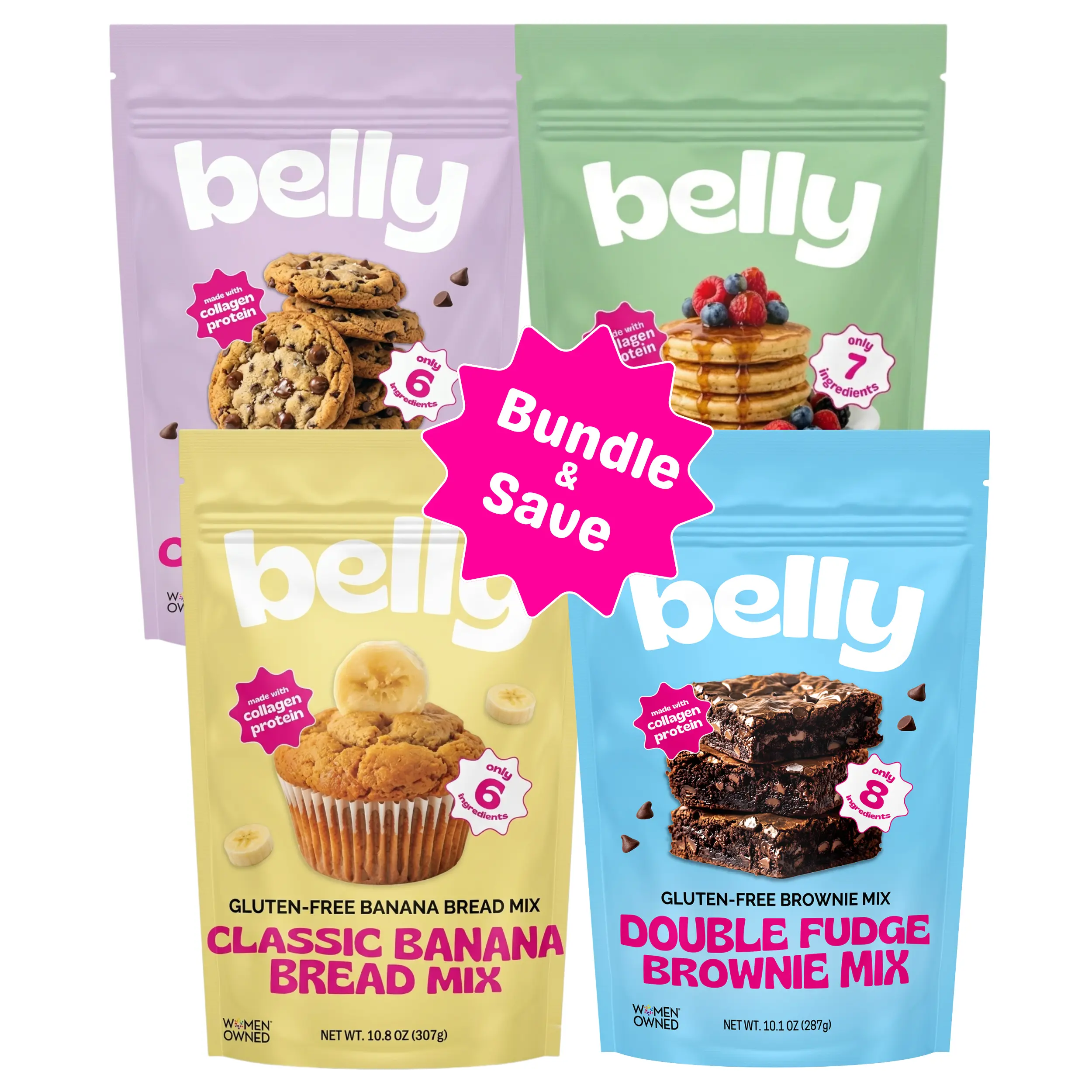 Belly Baking Mix Bundle with Collagen - Cookies, Brownies, Banana Bread, Pancakes & Waffles - Gluten/Grain Free l Bloat-Free Formula l Low Sugar & High Protein l Non-GMO