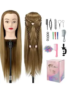 28 Inch Long Straight Hair Training Head with Table Clamp & Tools, Synthetic Hair Styling Head, Hairdressing Head for Braiding, Adjustable Wig Head