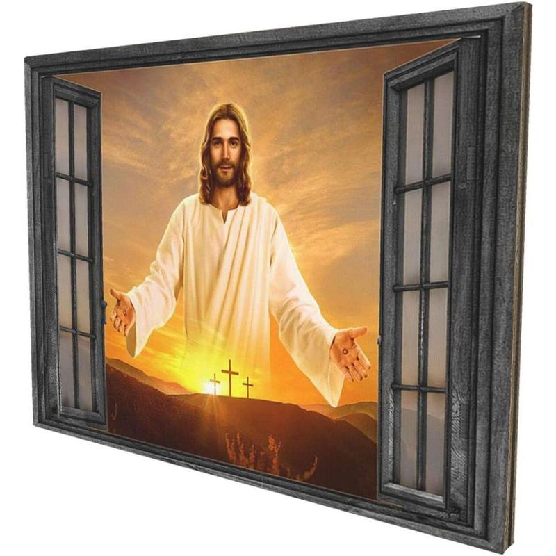 1 Count Jesus Christ Canvas Wall Art Jesus Greets You Welcome Back Window View Sunset Poster Christian Religious Modern Artwork Christ Spiritual Prints Framed Wall Decor For Bedroom Living Room 16x24inch
