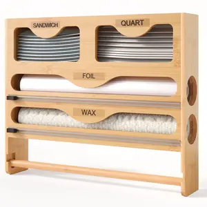 Bamboo Three-In-One Wall-Mounted Storage Rack, Space-Saving Multi-Functional Organizer, Food Wrap Cutter, Paper Towel Holder, Food Wrap Compartment