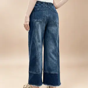 Women's Drawstring High Waist Wide Leg Denim Pants, Seam Detail Raw Hem Cropped Jeans with Big Patch Pockets, 75% Cotton 23% Polyester 2% Elastane, Stretchy Casual Dailywear,Casual Dailywear,Soft Flowy Fabric, Trendy Summer Pants for Streetwear
