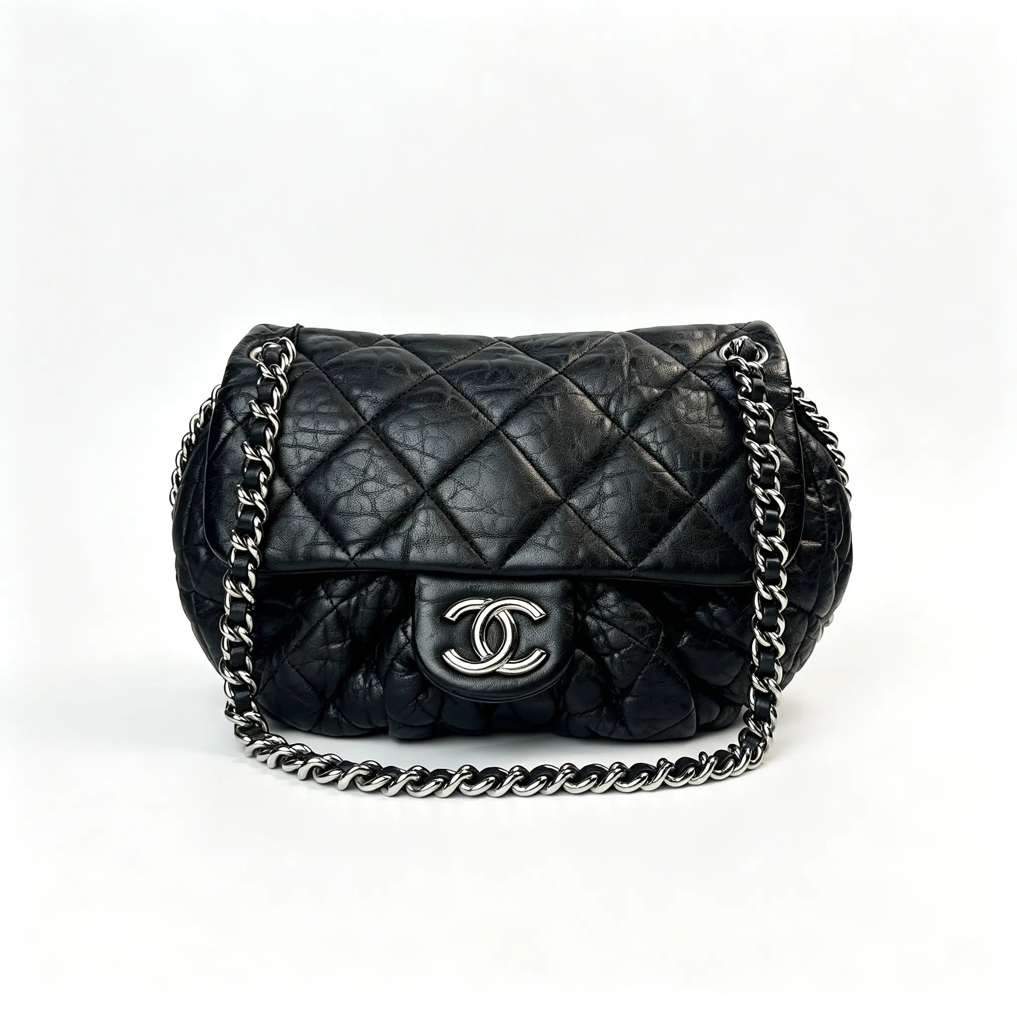 Pre-owned CHANEL "Chain Around" Series: Black Ruched, Distressed Lambskin Chain Bag with Silver Piping — The "Pumpkin Bag" 888 HK A253