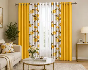 7PCS Luxury Window Curtains Set – Yellow Floral Blackout Curtains with Sheer Panel & 2 Cushion Covers (54” × 84”)