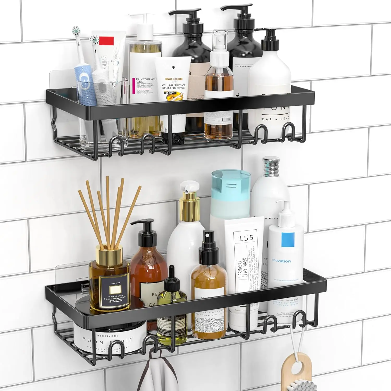 2-Pack X-BS05 Classic Smooth Durable Stainless Steel Metal Wall-Mount Shower Caddy Shelves, Self-Adhesive Waterproof Black Bathroom Basket with Hooks for Home, RV, Bedrooms Essentials Storage Organizer Rack
