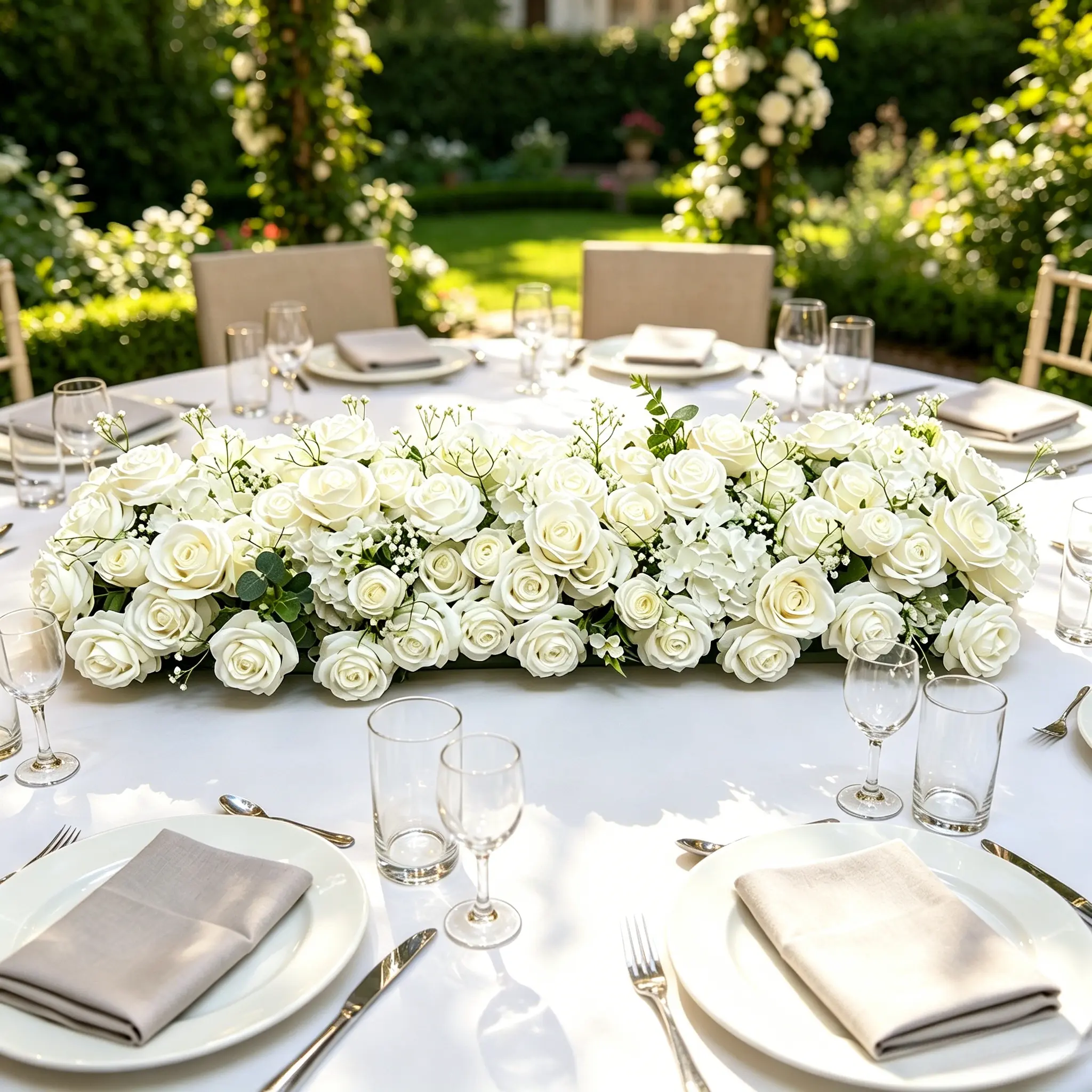 Classic All White Long Flower Table Garland Artificial Baby Breath Greenery Runner Centerpiece For Wedding Ceremony Gala Dinner Cafe Lobby Decoration Photo Booth Prop Engagement Baby Shower Content Shooting Styling Outdoor Wedding Reception Floral Decor