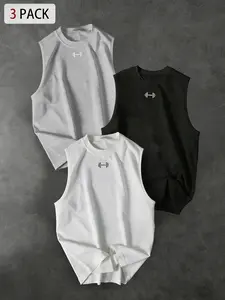 3 Pack Men's Muscle Fit Tank Tops, Gym Essentials with Dumbbell Print, Quick-Dry Breathable for Workout, Casual Wear and Active Men