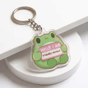 Double Sided Acrylic Frog Keychain, Cute Kawaii Key Ring, Funny "Hello I Am Probably Anxious" Bag Charm