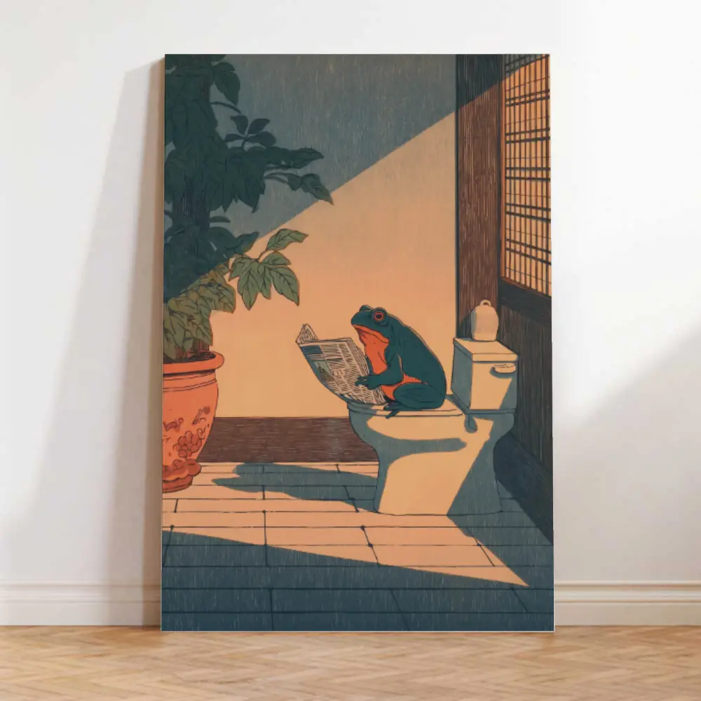 Funny Frog Bathroom Wall Art Poster, Cute Japanese Frog in Toilet Wall Decor, Whimsical Green Animal Restroom Poster Canvas Print Artwork