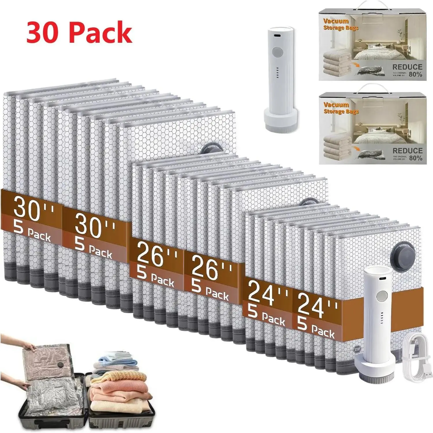Cordless Travel Vacuum Storage Compression Bag Set ,bolsas para comprimir-27-Pack in 3 Sizes 140L/Min USB Rechargeable Handheld Pump for Clothes & Packing Perfect for Carry-On Suitcases