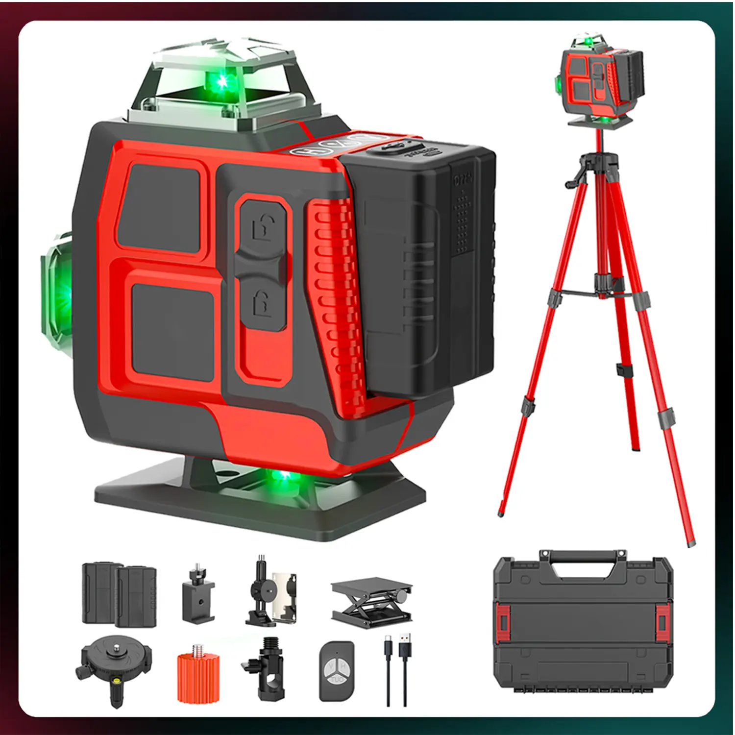 16-Line Green Laser Level with Tripod, Self-Leveling 4D 360° Laser Level Tool, Remote Control,  Batteries, Full Kit for Construction, Tile, Floor & Home Renovation
