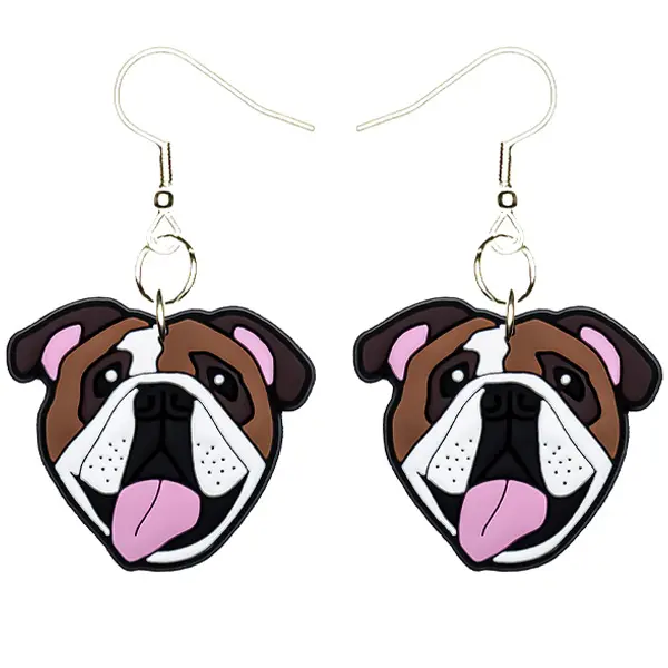 Bulldog Puppy Dog Earrings Silver Plated Fishhooks Drop Dangle Unisex Yazzle Dazzle Original Artwork Woof Bark Doggy Chihuahua Pug Yorkie Pup