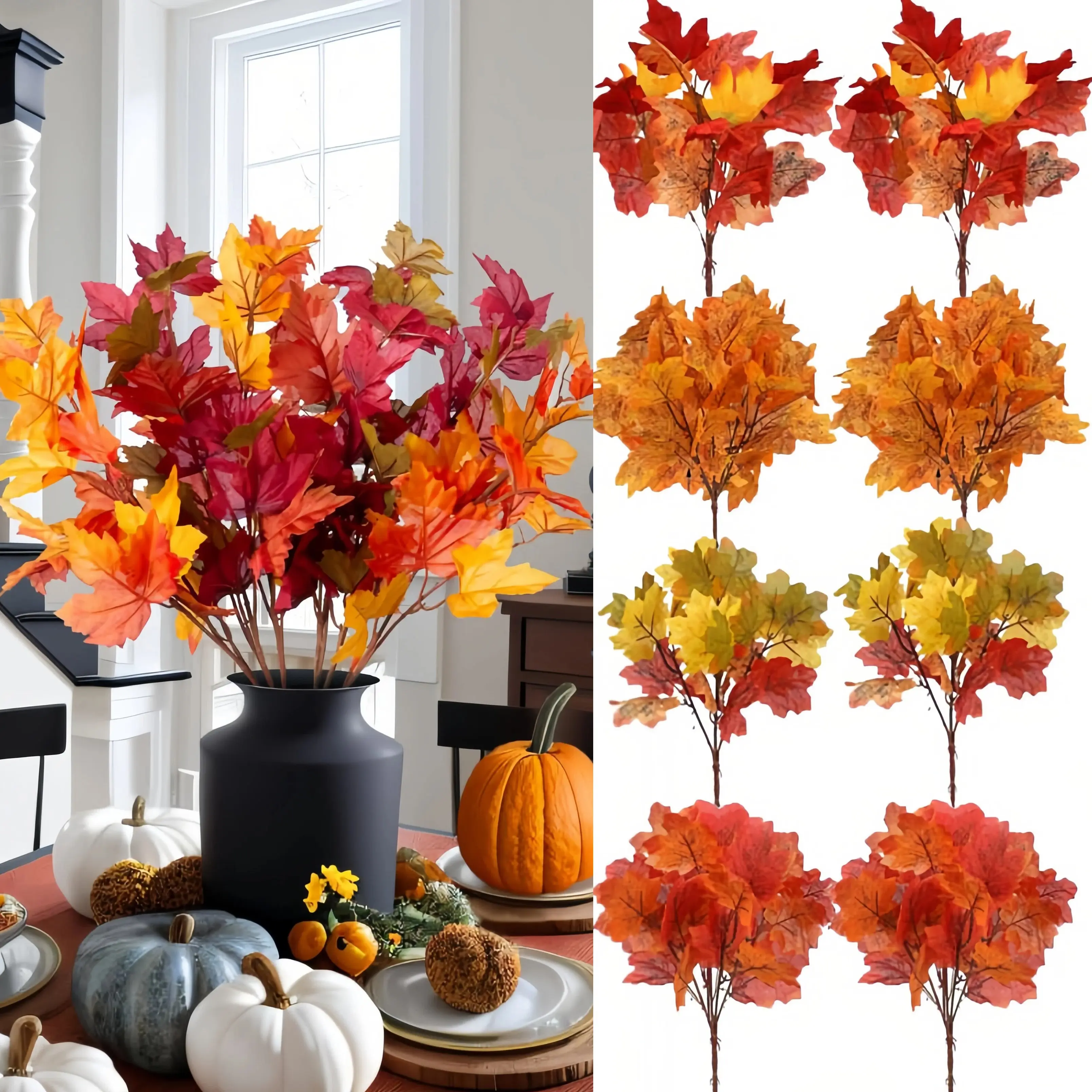 8/12/24pcs Autumn decoration maple leaf Set - UV Resistant Colorful Fake Flower, Plastic Artificial Plant for Porch Window Box Table Vase Home Indoor Outdoor Decoration
