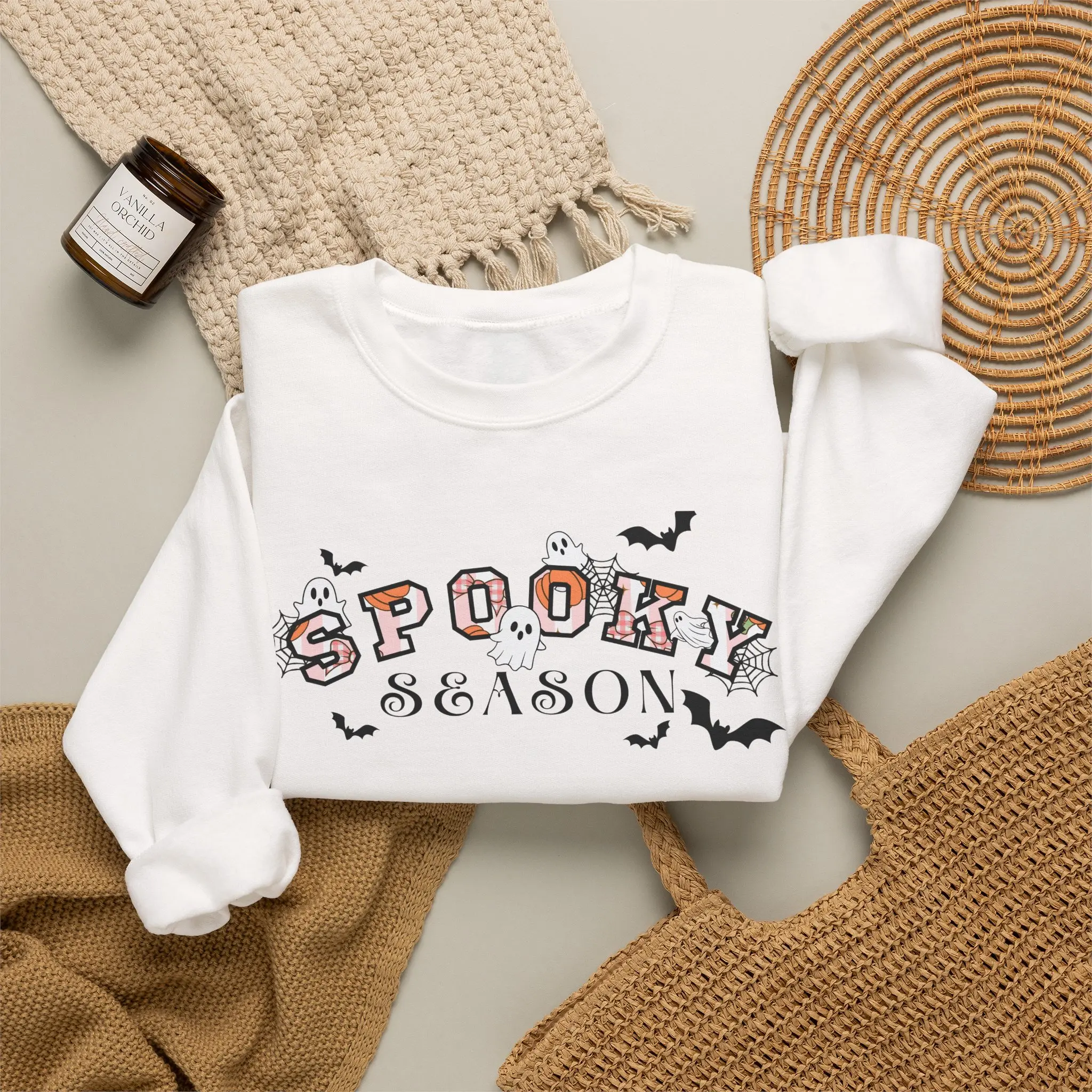 Women's Spooky Season Crewneck Sweatshirt, Halloween Graphic Top with Ghost, Bat Designs