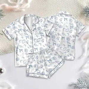 Ocean Life Satin Pajamas Set Sea Shells & Ocean Print Nautical Sleepwear for Women Blue Shell Loungewear 100% Polyester Satin Short Sleeve Top & Bottoms - Womenswear