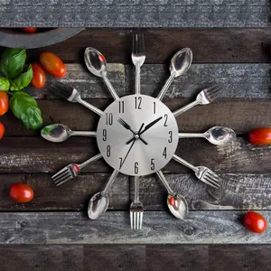 12in Kitchen Decorative Clock - Stainless Steel Cutlery Hands + Mirror, New Home/Restaurant Opening Gift, Modern Home/Living Room/Dining Room Decor, Minimalist Wall Clock, Wall Decor, Shipment within 1-2 days