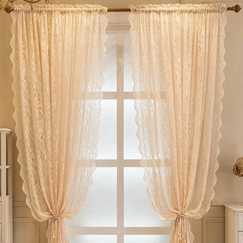 French Lace Curtain, 2 Counts Door Curtain, Partition Curtain, Velcro Rod Hook Holes Free Bay Window Bedroom Decorative Curtain, Home Decoration Curtain