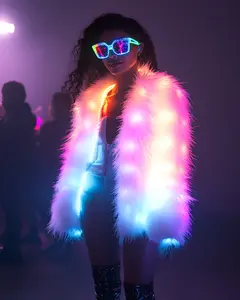 SHINYOU Women's Faux Fur Jacket with Smart LED Lights Up White Fuzzy Coat for Halloween Music Festival Gift EDM Winter Party Wear Dance Clothing Womenswear Fit Fabric Furry Y2K Style Sleeveless Outerwear