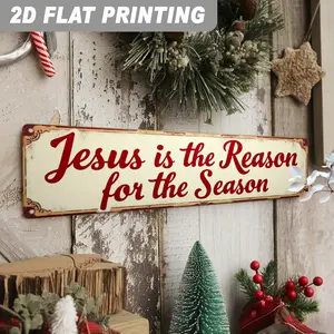 2D Flat, 1pc Vintage "Jesus is The Reason for The Season" Metal Wall Decor - Large 3.94x15.75 Inch Rustic Farmhouse Christmas Sign with Red & Golden Lettering, Distressed White Background - Heavy-Duty Iron Religious Holiday Decoration for Home,