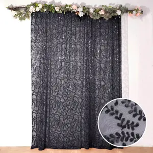 Black Embroider Sequin Backdrop Drape Curtain, Sparkly Sheer Event Divider Panel With Embroidery Leaf - 8ftx8ft