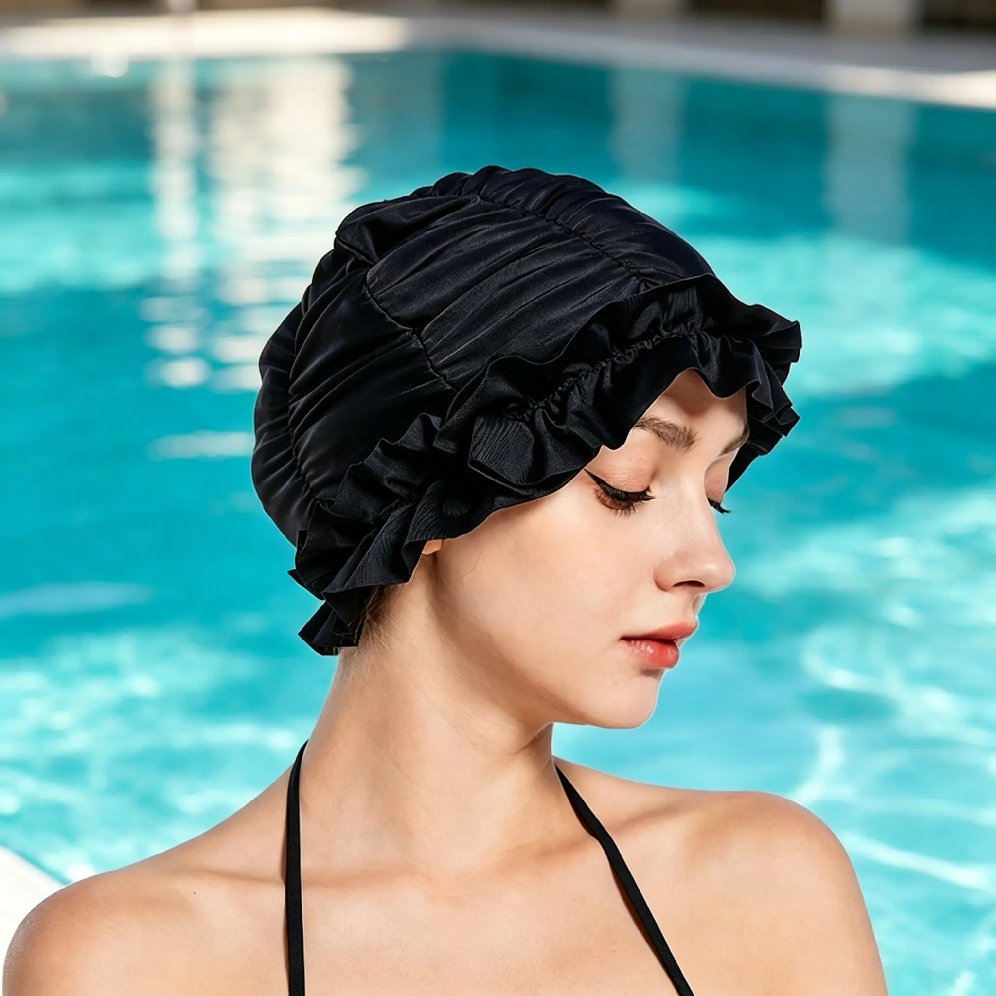 Women's High-Elasticity Breathable Polyester Swimming Caps (2pcs) - Solid Color, Comfortable, Sunshade for Long Hair, High-End Hot Spring Use