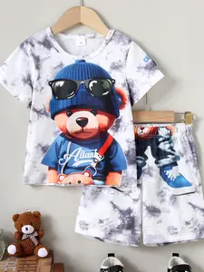 Two-piece Set   Boy's Cartoon Bear Print Tee &   Shorts, Casual Short Sleeve T-shirt & Elastic Waist Shorts, Summer Clothes for Kids