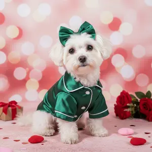 Cute Pet Pajama Set with Bow Headband Cozy Silk Pajamas for Teddy Bichon Pomeranian & Bulldog Soft Puppy Cat Sleepwear for Comfortable Nights Green