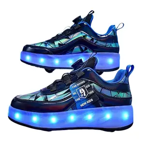 Unisex Kid's Fashion LED Light Up Roller Shoes With Rotating, Comfy Detachable Wheel Skate Sneakers Boy's & Girl's Teen Outdoor