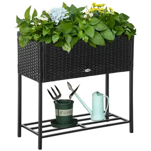 YYDS Outsunny Raised Garden Bed, Elevated Planter Box with Rattan Wicker Look, Tool Storage Shelf, Portable Design for Herbs, Vegetables, Flowers, Black
