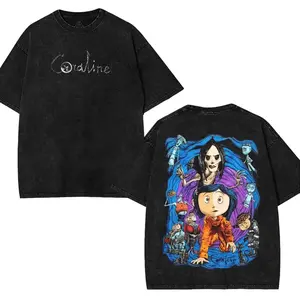 Coraline Retro Vintage Unisex graphic crewneck Acid Washed Heavyweight Cotton Tshirt, Coraline Movie shirts back school, coraline merch Fabric Fit Halloween Streetwear Spooky Season Wear