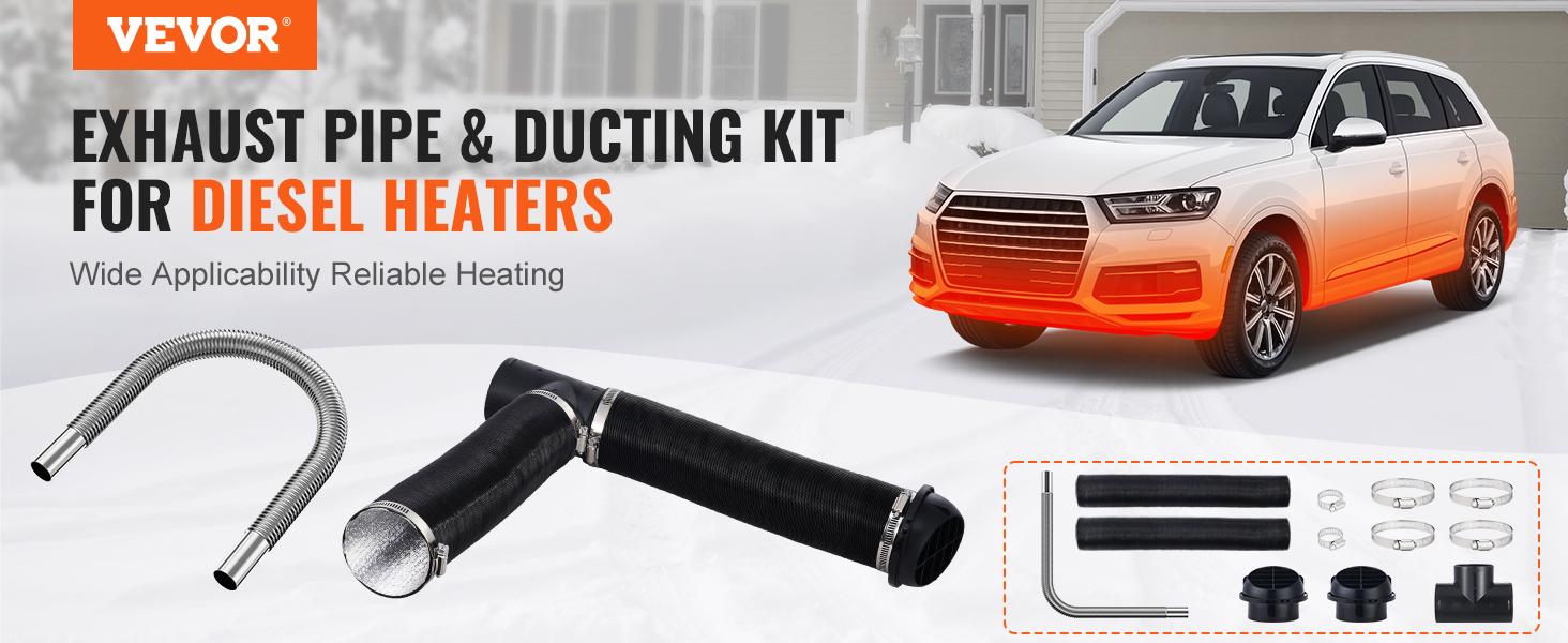 VEVOR Diesel Heater Pipe Ducting Set, TikTokShopBlackFriday, 3" Extendable Air Duct Hose, 1" Stainless Steel Exhaust Pipe, 2 Air Vents, Tee Air Outlet Connector and Hose Clamps, for 2KW/5KW/8KW Diesel Parking Heaters
