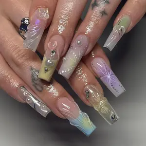 Butterfly & Faux Pearl Decor Fake Nail, 24pcs/set Glossy False Nail with Nail File & Tape, Press on Nails for Women & Girls DIY Nail Art, Nail Art Design