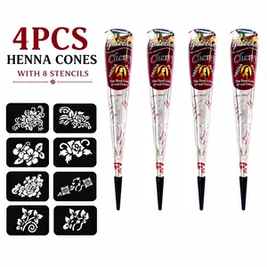 Cherry Red Henna Cones Kit with Flower Stencils for Temporary Tattoos DIY Mehndi Body Art for Beginners