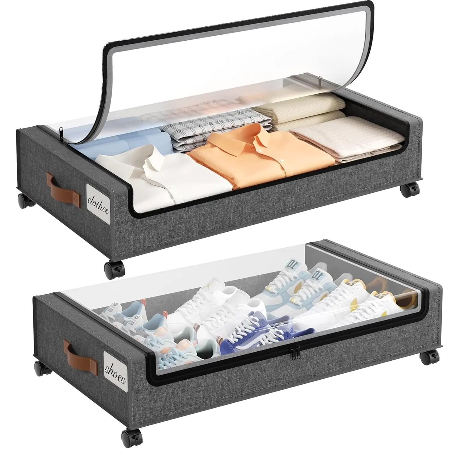 60L Under Bed Storage with Wheels, 2 Pack, Hemp Grey | 360° Rolling Wheels, Clear Lids & Label, Reinforced Handle, Rolling Metal Drawers for Clothes, Blankets, Shoes in Bedroom
