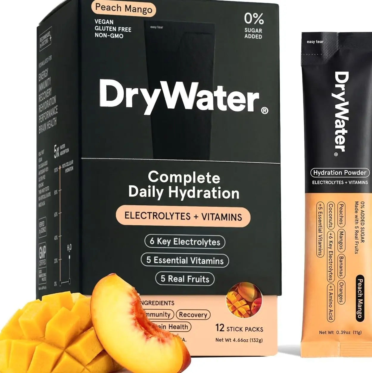 DryWater® Electrolyte + Vitamin Hydration Powder Packets – Peach Mango, 1,000mg Potassium, Real Organic Fruit, NSF Certified for Sport, Nothing Artificial, No Added Sugar (12 Stick Packs)