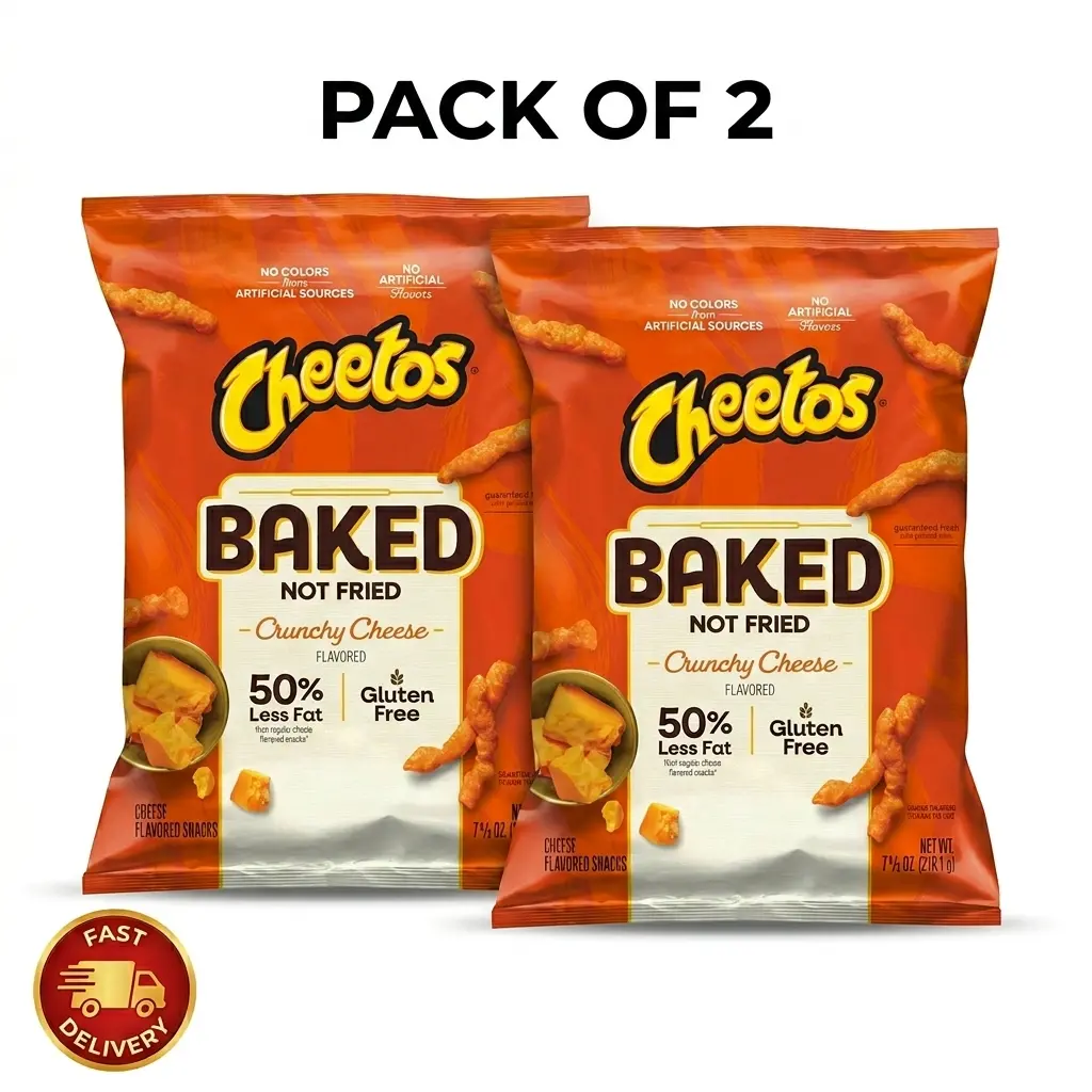 2 Pack Baked Cheetos Crunchy 50% Less Fat Cheese Flavored Snacks Bag, 7.625 oz Crispy Packed