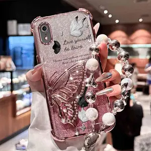Fashion Strap Lanyard XR Elegant PC Phone Holder Case Compatible With for iPhone XR Elegant Butterfly Glitter Case Cover for Girls